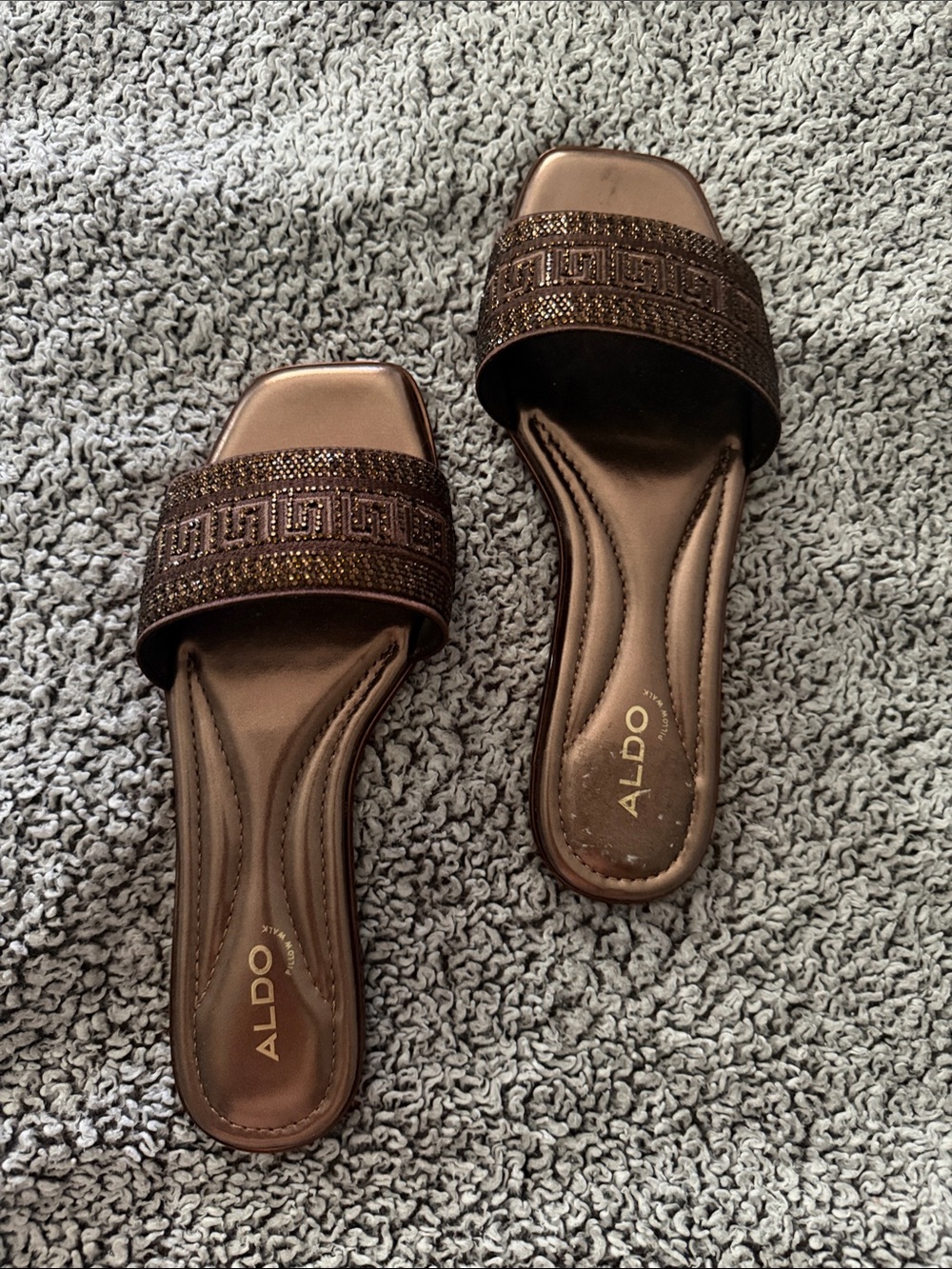 ALDO Flex Pillow Walk Brown Embellished Greek Print Rhinestone Slide Sandals 8.5